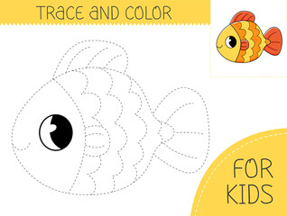 Trace and color coloring book with goldfish for kids. Coloring page with cartoon fish. illustration for kids.