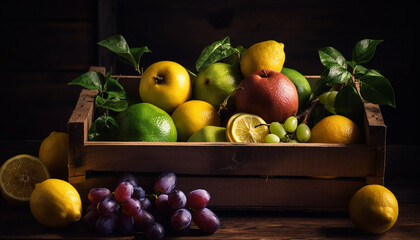 Healthy citrus fruits on rustic wooden table generated by AI