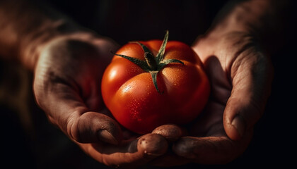 One hand holding ripe tomato, fresh and organic generated by AI