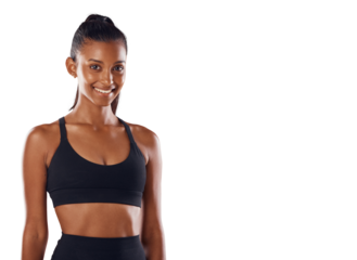 Smile, fitness and portrait of sports woman isolated on a transparent png background. Happy, exercise and athlete or female person from India ready to start training, workout or running for health.