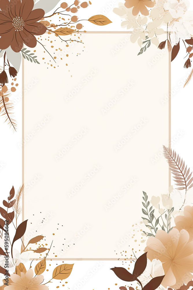 Poster frame with flowers and leaves in boho style with space for text, copyspace in the middle, ai generat