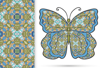 Decorative butterfly and colorful doodle seamless pattern, hand drawn repeating texture. Isolated elements for textile fabric, paper print, invitation or greeting card design. Vector animal collection