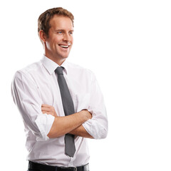 Happy man, arms crossed and thinking of business ideas isolated on a transparent png background. Male worker daydream of visionary future, mindset solution and corporate planning of hope inspiration