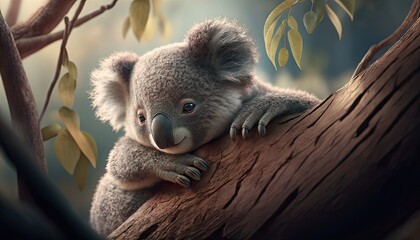 Wallpaper of a cute koala in a eucalyptus tree. Created with generative Ai technology