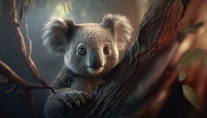 Wallpaper of a cute koala in a eucalyptus tree. Created with generative Ai technology