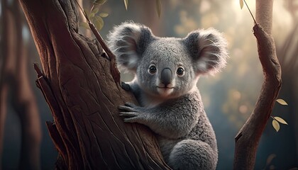 Wallpaper of a cute koala in a eucalyptus tree. Created with generative Ai technology