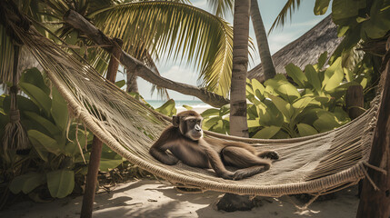 A monkey finds peace and comfort on a rattan armchair under a palm tree. Generative AI