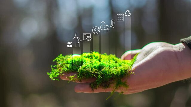 Reduce CO2 emission concept in the hand for environmental, global warming, Sustainable development and green business based on renewable energy. Digital hologram.4K