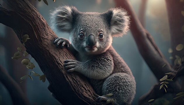 Wallpaper of a cute koala in a eucalyptus tree. Created with generative Ai technology