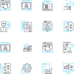 Financial oversight linear icons set. Governance, Supervision, Control, Compliance, Transparency, Accountability, Monitoring line vector and concept signs. Regulation,Auditing,Risk outline