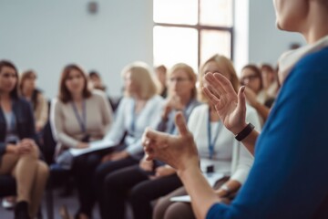 Candid photo of an empowered woman delivering an engaging and dynamic presentation to a receptive female audience. The corporate setting highlights her professionalism and leadership, generative ai