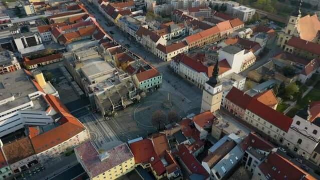 Drone footage of the town square in old district of Trnava, Slovakia, 4k