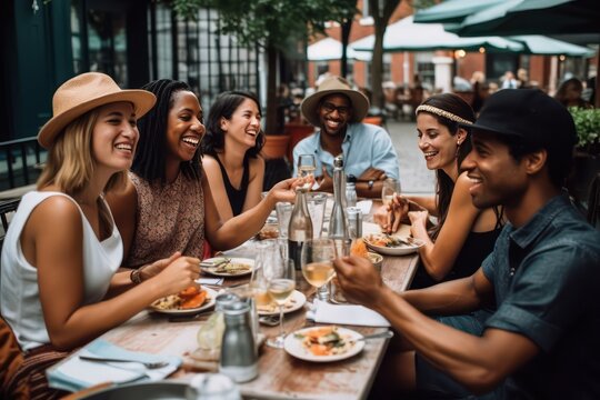 Group of friends laughing, enjoying dinner at outdoor restaurant during summer, creating cherished memories, generative ai