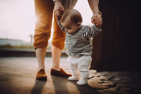 "Loving mother supporting her baby's first steps, holding the child's hands as they walk together. The touching moment captures the joy and excitement of a developmental milestone, generative ai