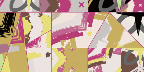 Fototapeta premium Abstract collage asymmetric pattern. Digital freehand art, grunge texture. Vector patchwork quilt background. Decorative elements, brush strokes ornament for flyer, poster, cover, textile fabric print