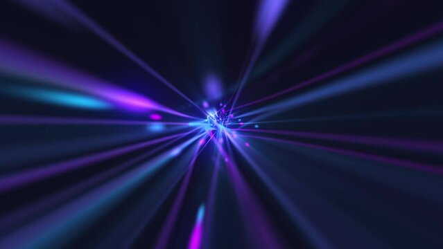 Pink and blue neon colored fiber optic light beams and glowing digital data particles travelling at high speed towards the camera. Full HD and looping modern technology background animation.