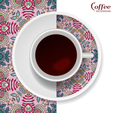 Cup of coffee with colorful ornament on a saucer and vertical seamless floral geometric pattern. Business coffee break concept, interior design background. Isolated coffee cup and plate decor element