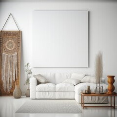 Boho style living room with a blank canvas. Mockup/copyspace for product/design placement created using generative AI tools