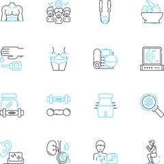 Healthfulness linear icons set. Wellness, Nourishment, Nutrient-dense, Cleanse, Hydrate, Fitness, Immunity line vector and concept signs. Vitality,Balance,Strength outline illustrations