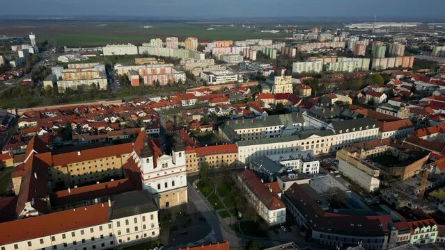Aerial view of Trnava and its landmarks, old church and cathedral, Europe, 4k
