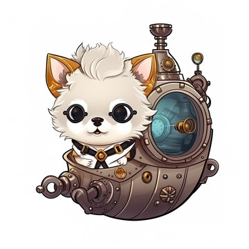 Cute white dog in steampunk submarine, u-boat, cartoon chibi style, AI generative illustration