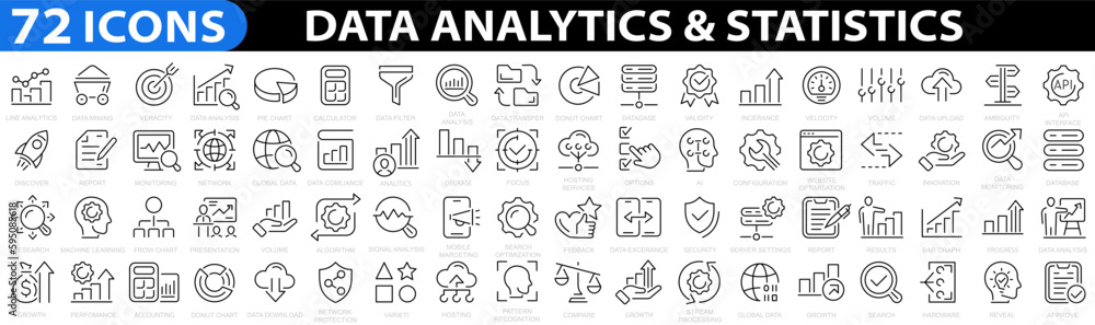 Poster data analytics & statistics 72 icon set. data processing. technology symbol. digital analytics. web 