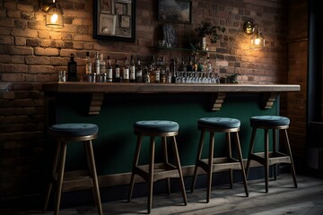 Fototapeta na wymiar British pub green bar counter with alcohol on shelves with bar stools and brick walls. Loft style bar pub interior design. Generative AI