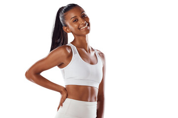 Fitness, smile and portrait of woman akimbo isolated on a transparent png background. Happy, sports and athlete or female person from India ready to start training, workout or exercise for health.