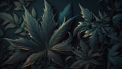 Naklejka na ściany i meble Weed leaves in a baroque deep dark colors style background concept generative ai