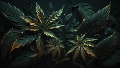 Weed leaves in a baroque deep dark colors style background concept generative ai