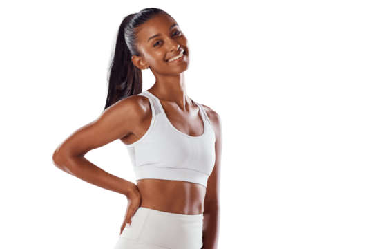 Fitness, smile and portrait of woman akimbo isolated on a transparent png background. Happy, sports and athlete or female person from India ready to start training, workout or exercise for health. - Powered by Adobe