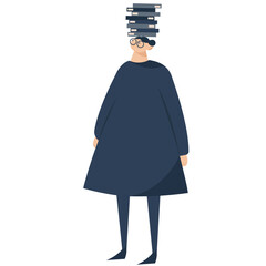 Woman with books on her head. Study, learning, self education, bookworm concept. International literacy day, book fair or festival. Fashion isolated vector illustration