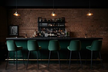 British pub green bar counter with alcohol on shelves with bar stools and brick walls. Loft style bar pub interior design. Generative AI - obrazy, fototapety, plakaty