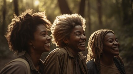 Obraz premium Fictional person. Group of retired aging elderly senior baby boomer black women getting fit in retirement, exercising, general wellness outdoor activities. Hiking nature walks. Laughing, happy.