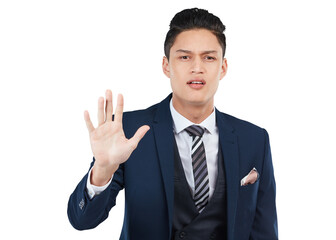 Portrait, palm and control with a business asian man isolated on a transparent background for warning. PNG, compliance and stop gesture with a male employee showing a sign of rejection or failure