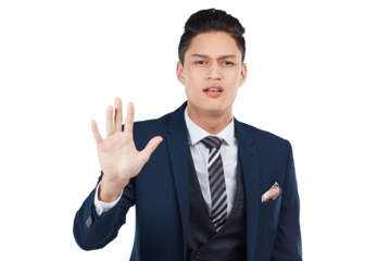 Portrait, palm and control with a business asian man isolated on a transparent background for warning. PNG, compliance and stop gesture with a male employee showing a sign of rejection or failure