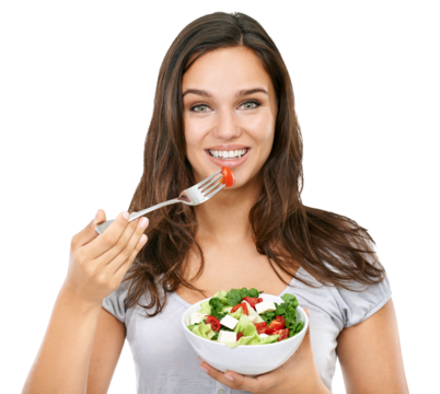 Portrait of woman with salad, eating for health on isolated, png and transparent background. Vegan, healthy lifestyle and happy girl with vegetables for lunch for balance diet, nutrition and wellness