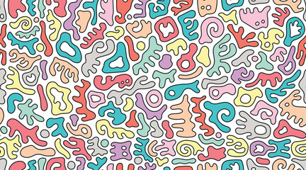 Continuous Seamless Colorful Abstract Gummy Shaped Doodle Pattern in Soft Pastel Tones