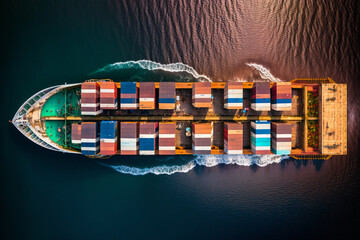 Aerial view of a cargo ship with contrail over the ocean, carrying containers and sailing towards export, depicting technology in freight shipping by a ship forwarder mast. Generative AI. - obrazy, fototapety, plakaty