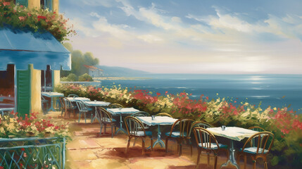 Seaside cafe or restaurant with view over the sea, tables, chairs, nobody, AI generative illustration