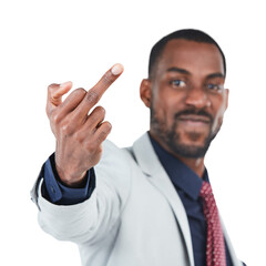 Middle finger hands, rude and portrait of business man isolated on transparent png background....