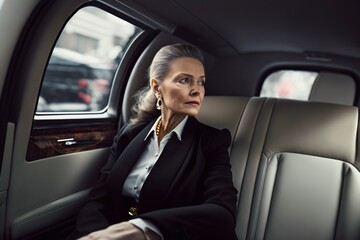 An executive woman, CEO, travels in a limousine. Ai generated.