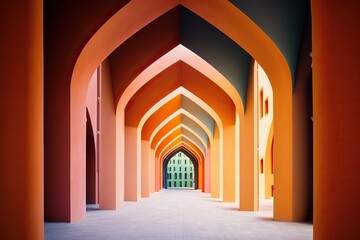 Bright and warm archway, perfectly symmetrical construction in a fantasy corridor. Ai generated.