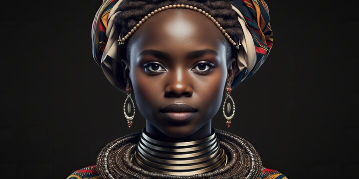 African woman posing with her traditional tribal dress, ancestral decorations. Ai generated.