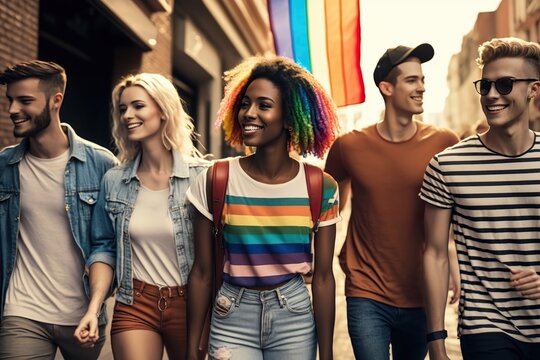A young black girl in a T-shirt with the LGBT flag, walks with friends. AI generated.