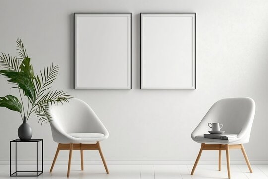 Design of a waiting room, with comfortable white chairs, and two empty frames on the white wall. AI generated.