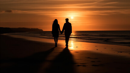 Silhouette of a couple walking hand in hand on a beach or along a sunset-lit path, with their faces not visible. Showcasing the concept of love, romance, and togetherness.