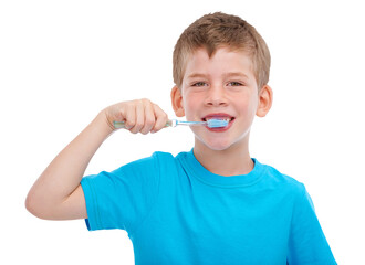 Dental care, brushing teeth and child portrait with toothbrush and healthcare. Happy, young boy and...