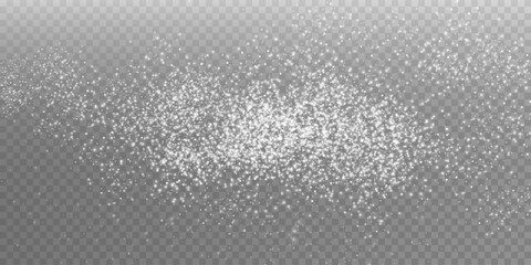 Obraz premium White scattering of small particles of sugar crystals, flying salt, top view of baking flour. White powder, powdered sugar explosion isolated on transparent light background. Vector illustration. 