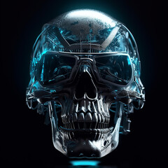 transparent skull with mechanical interior and neon lights, Generative AI